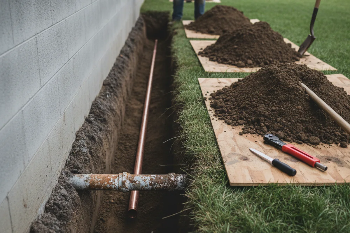 Excavated water line trench during Water Softener Installation in Front Royal